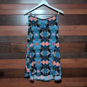 LuLaRoe A-Line Skirt in Teal, Coral and Black Geometric Print